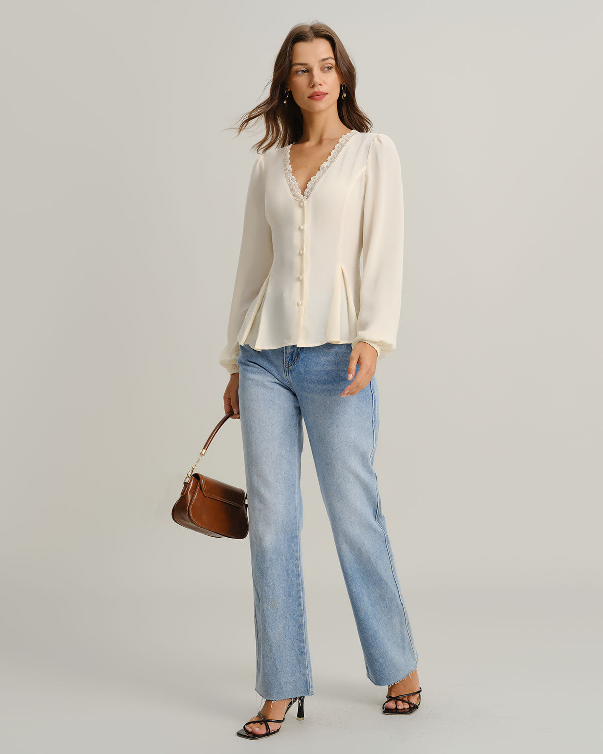 Apricot V Neck Lace Lantern Sleeve Blouse