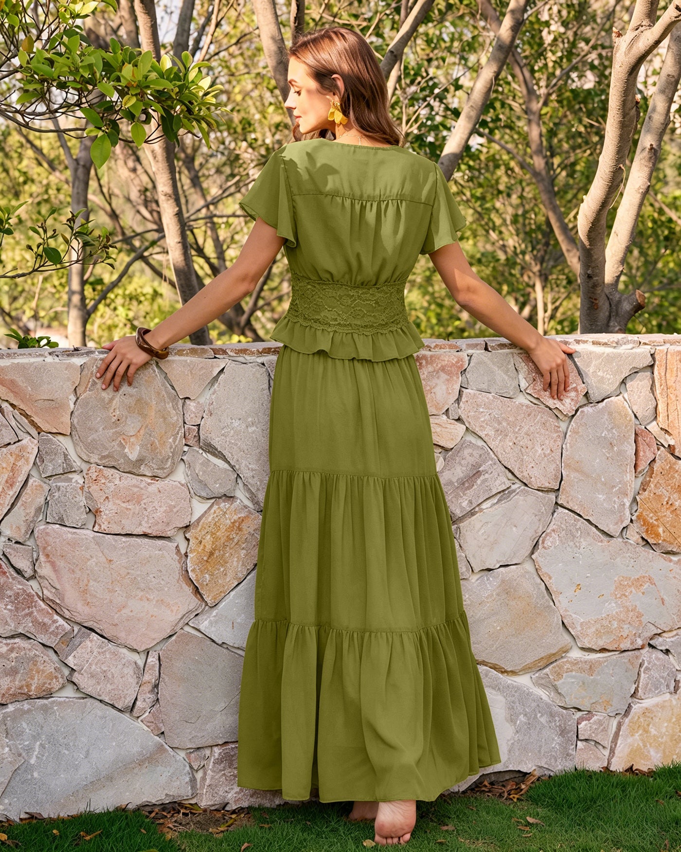 Green Elastic Waist Chiffon Maxi Skirt