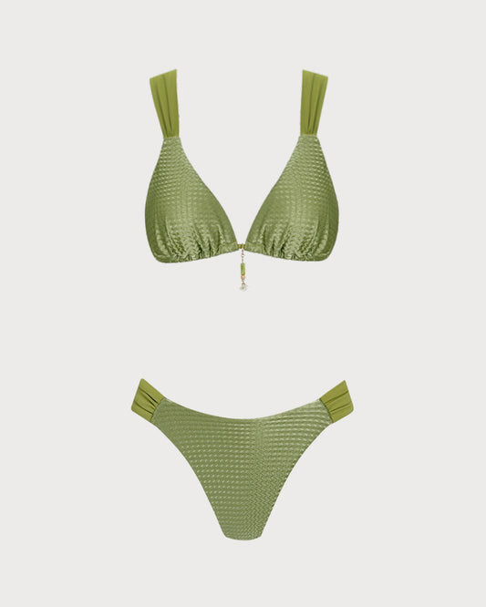 Green V Neck Textured Bikini Set