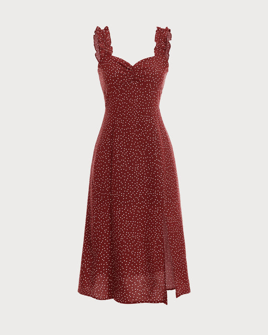 The Red Frill Trim Side Split Midi Dress