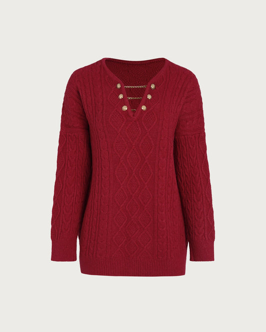 Red V Neck Knit Sweater