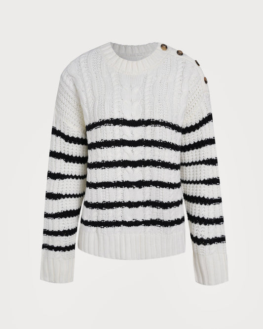 White Striped Button Knit Cardigan