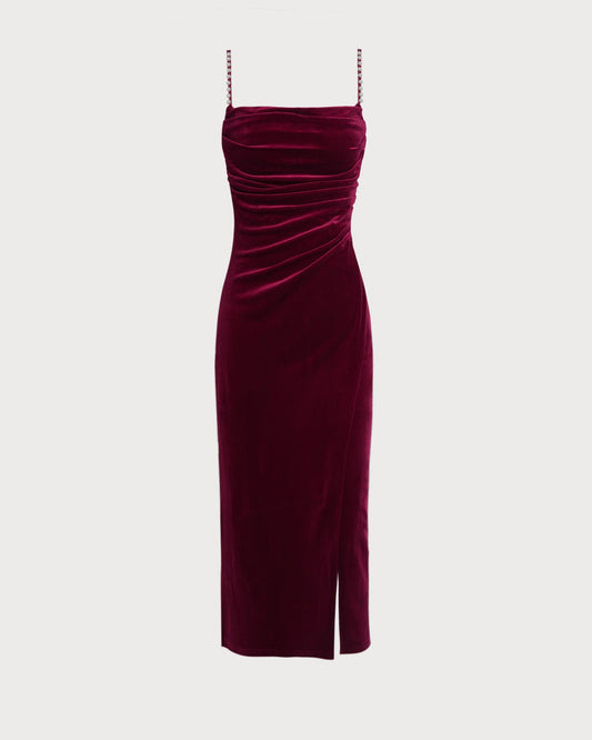 Wine Red Sleeveless Straps Velour Midi Dress