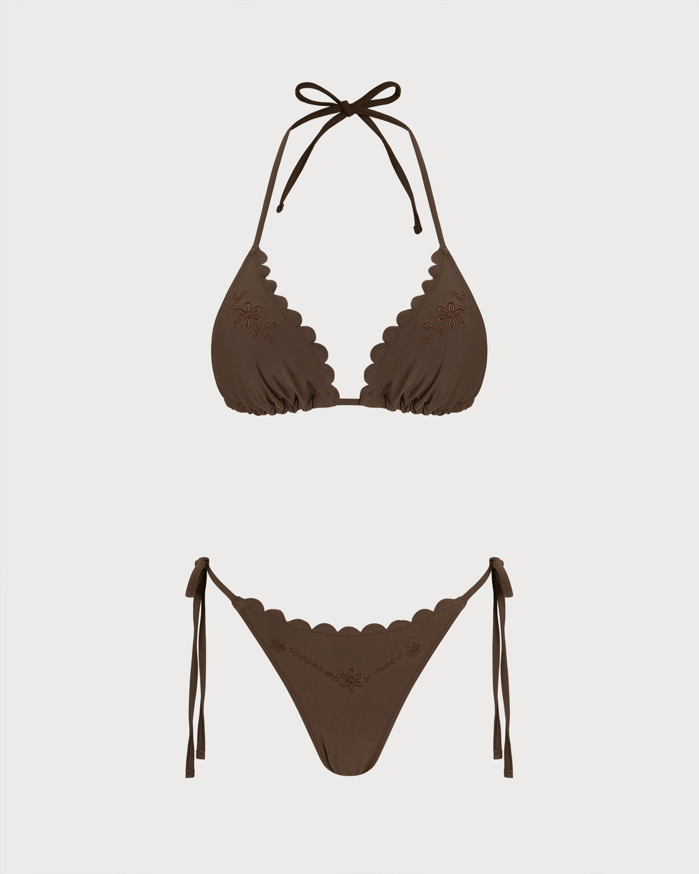 Coffee Halter Embroidery Bikini Set