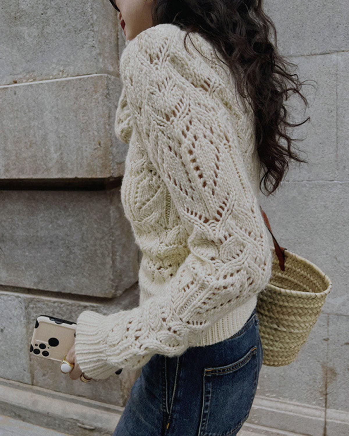 Off White Round Neck Cut Out Sweater