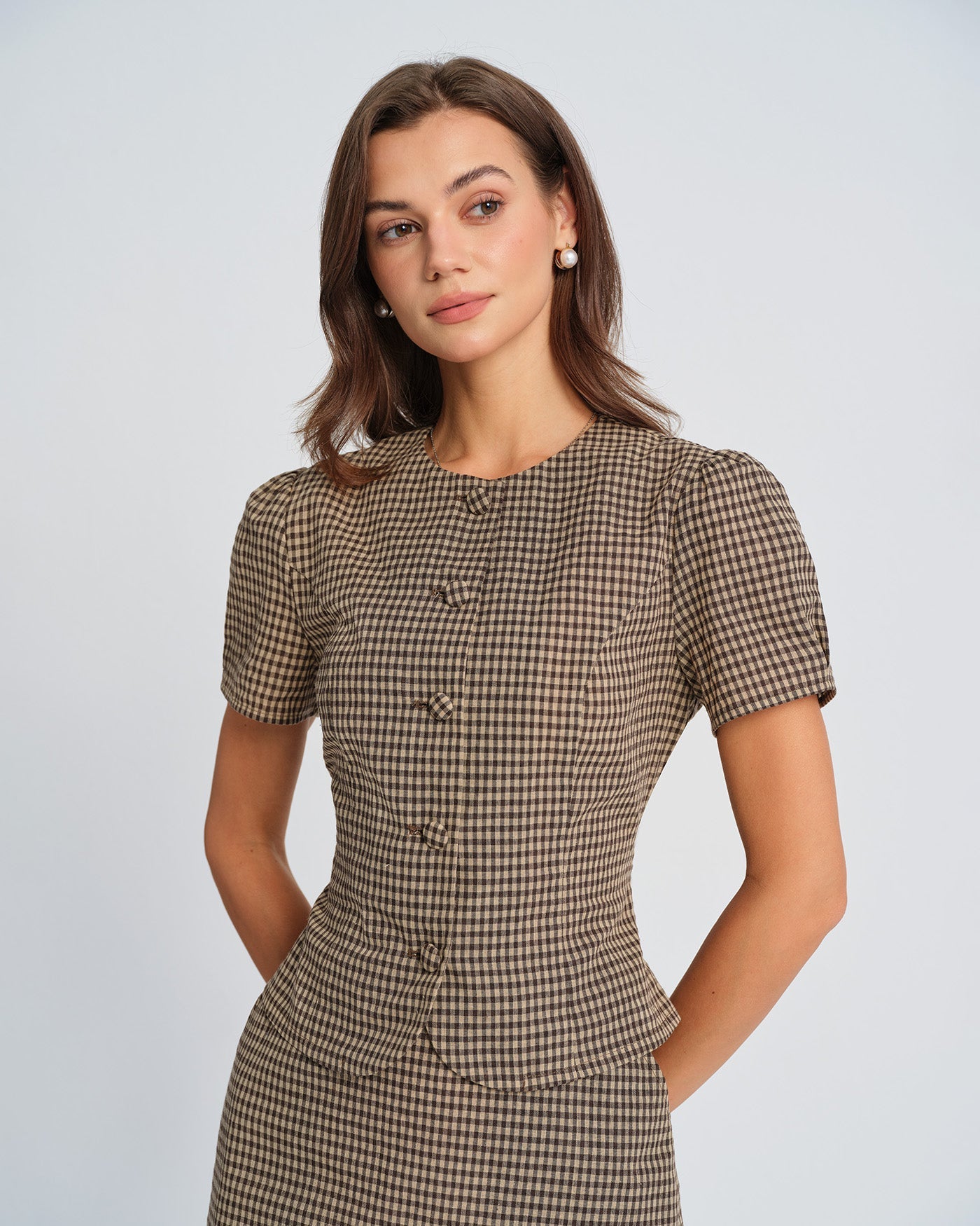 Brown Plaid Puffed Sleeve Blouse