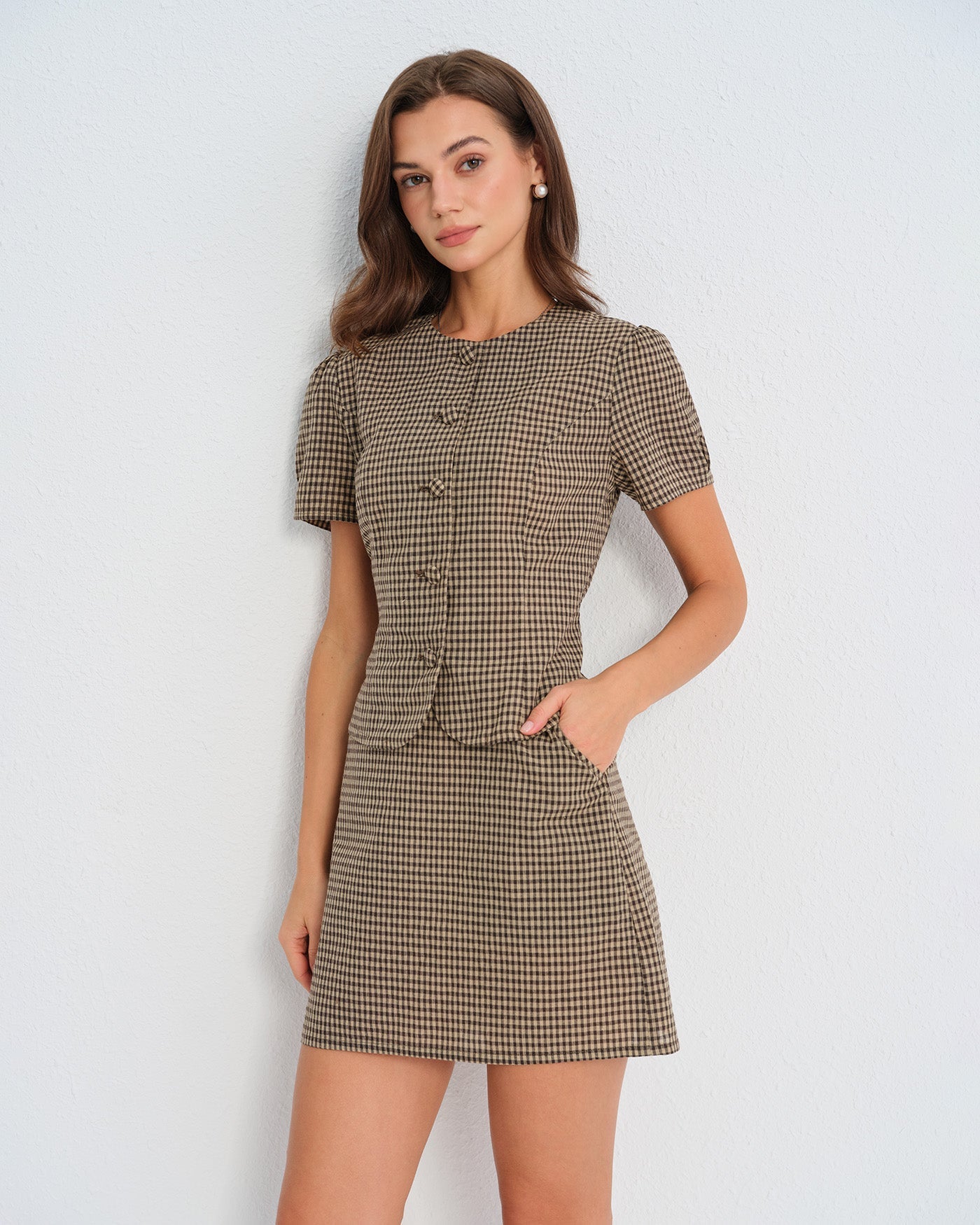 Brown Plaid Puffed Sleeve Blouse
