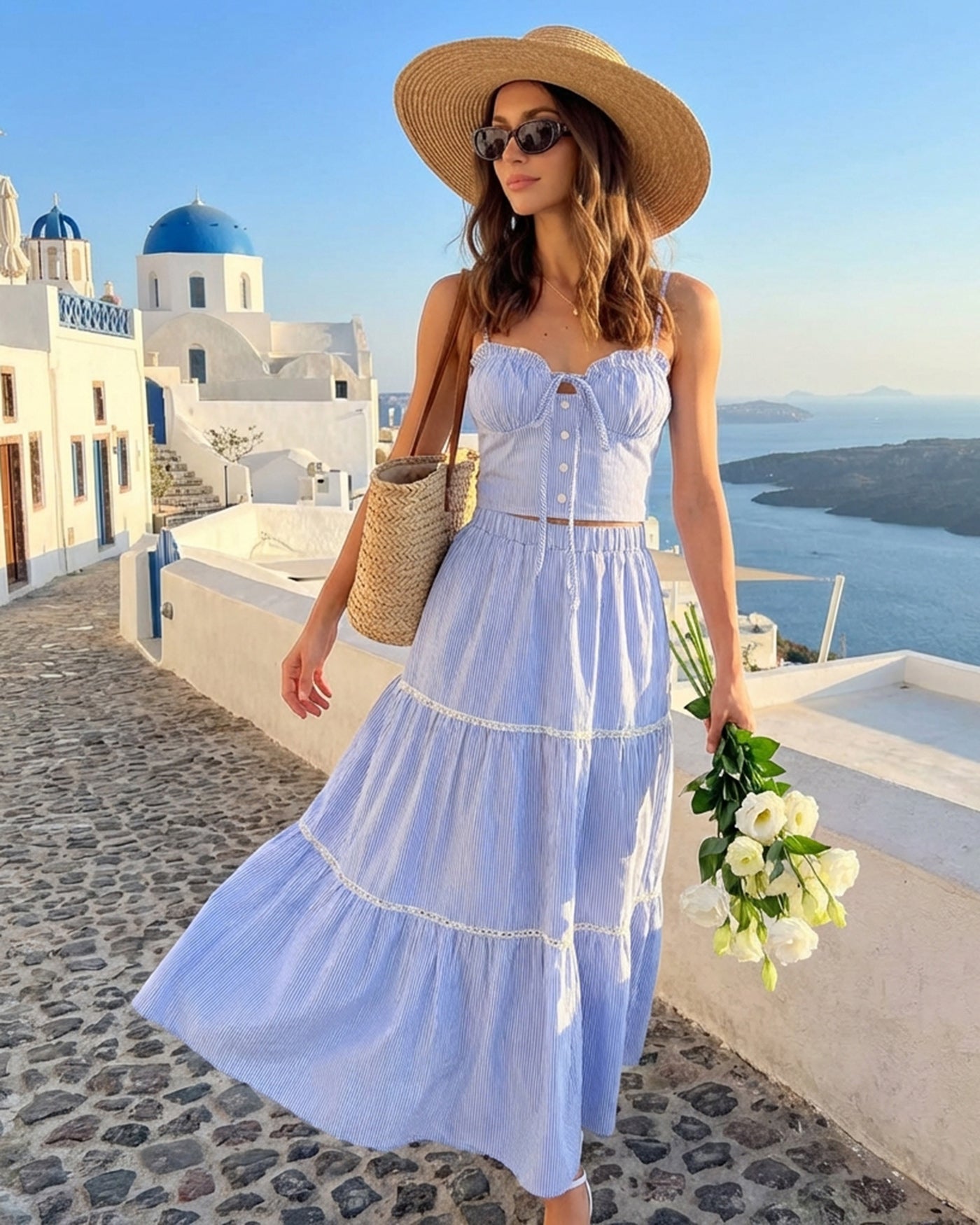 Blue Elastic Waist Midi Skirt