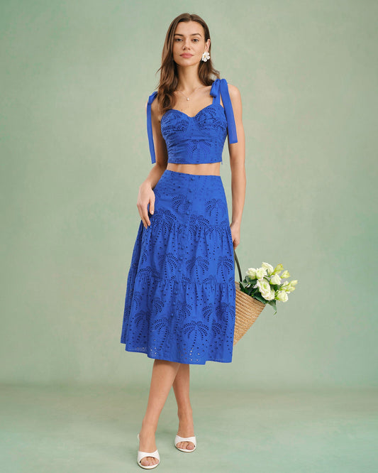 Blue Embroidery Midi Skirt