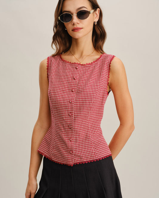 Red Gingham Boat Neck Sleeveless Tank Top