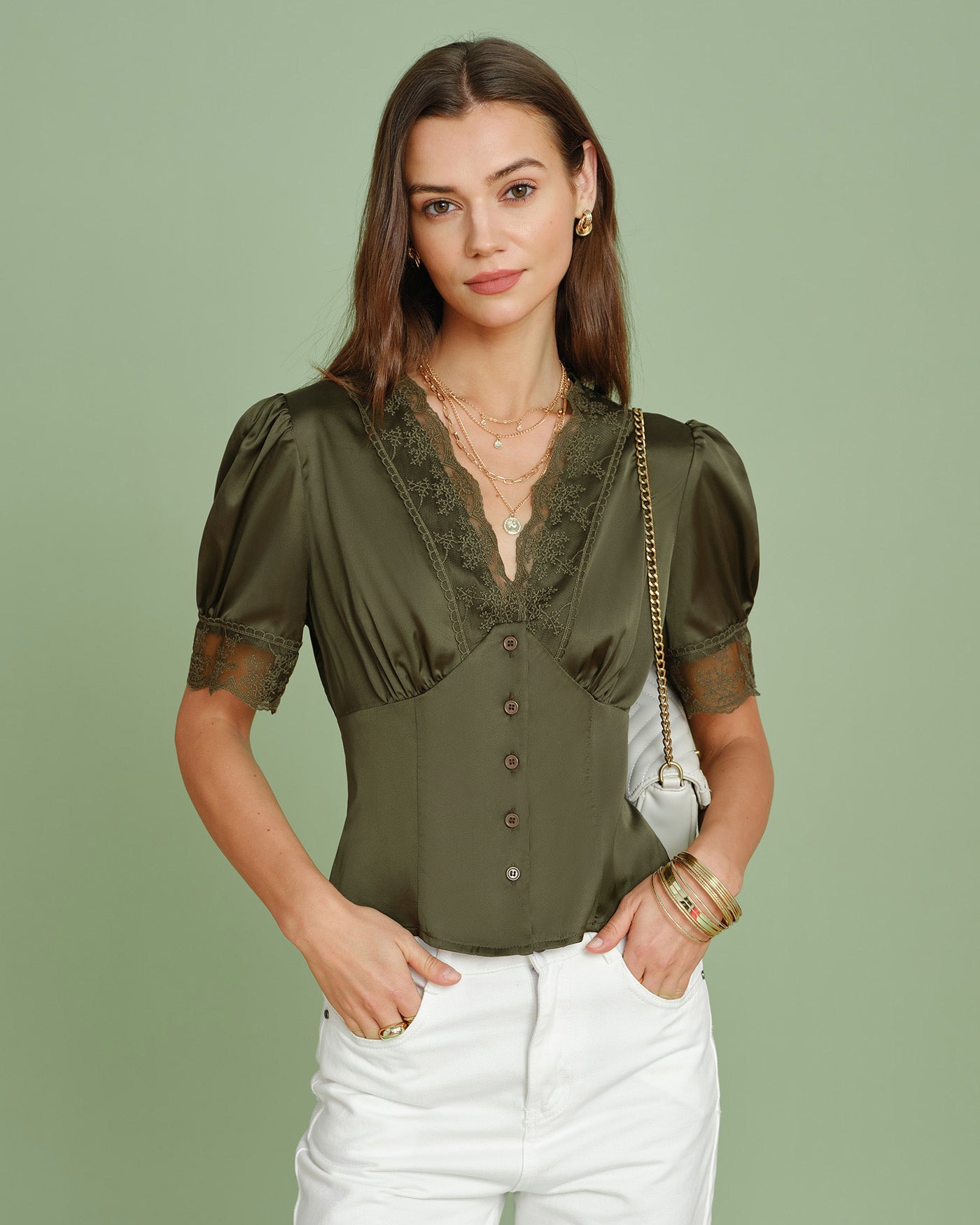 Green V Neck Puffed Sleeve Lace Blouse