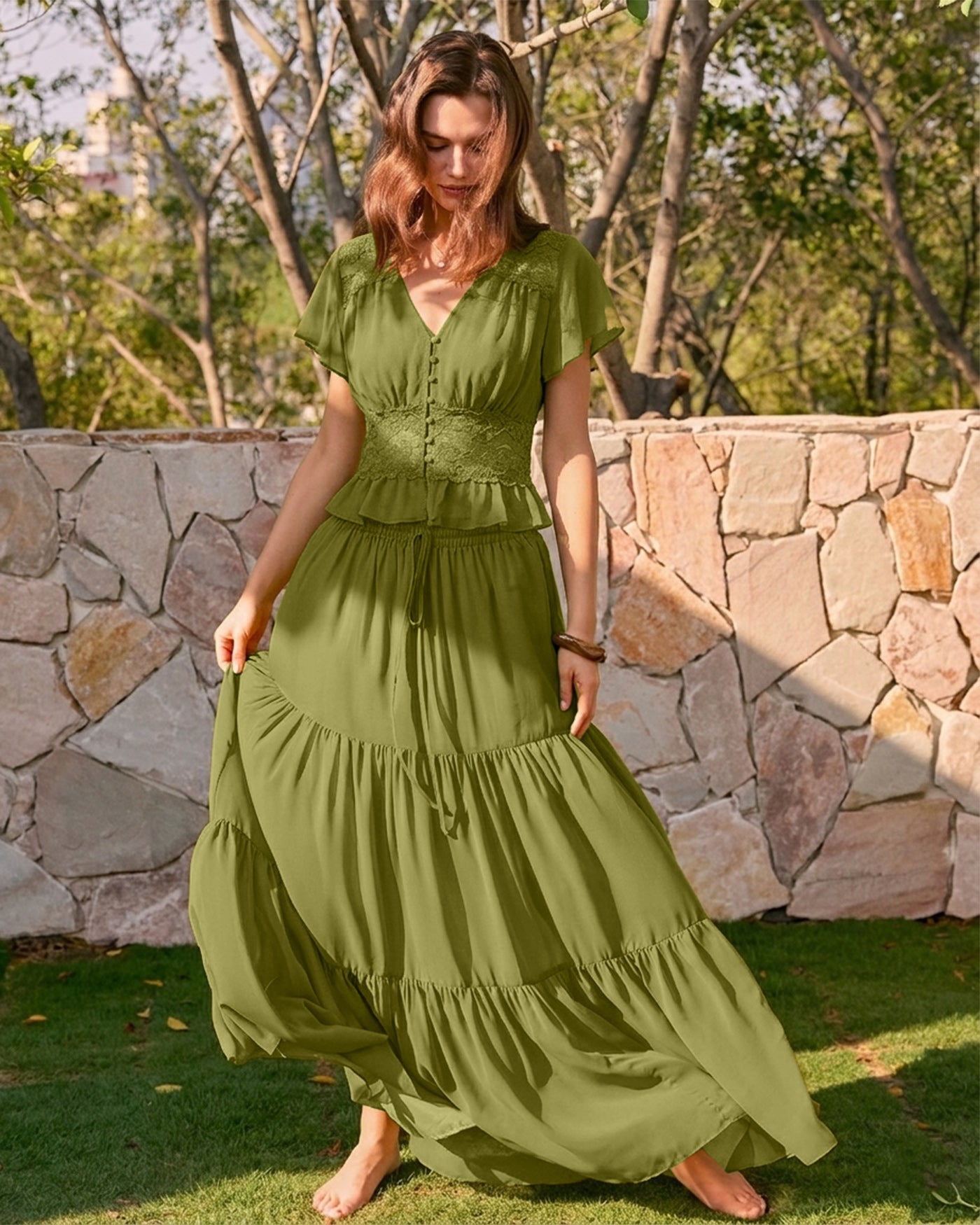 Green V Neck Ruched Blouse