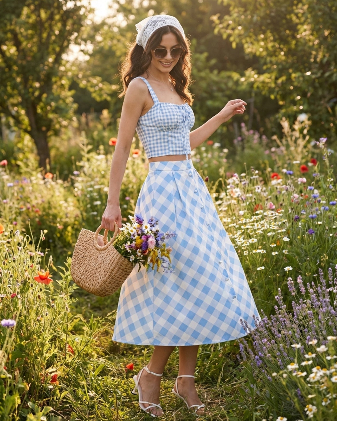 Blue X Cross Tie Plaid Cami Top