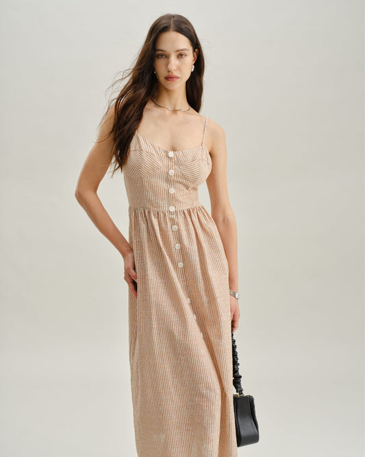 Orange Striped Sweetheart Neck Slip Maxi Dress