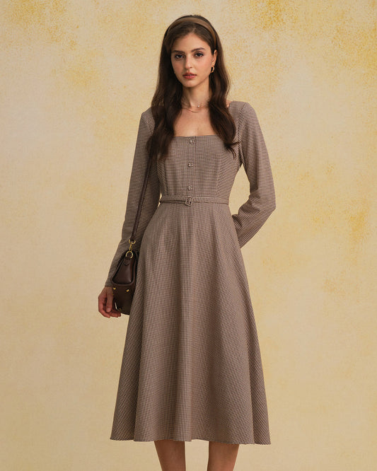 Brown Gingham Square Neck Belted Maxi Dress