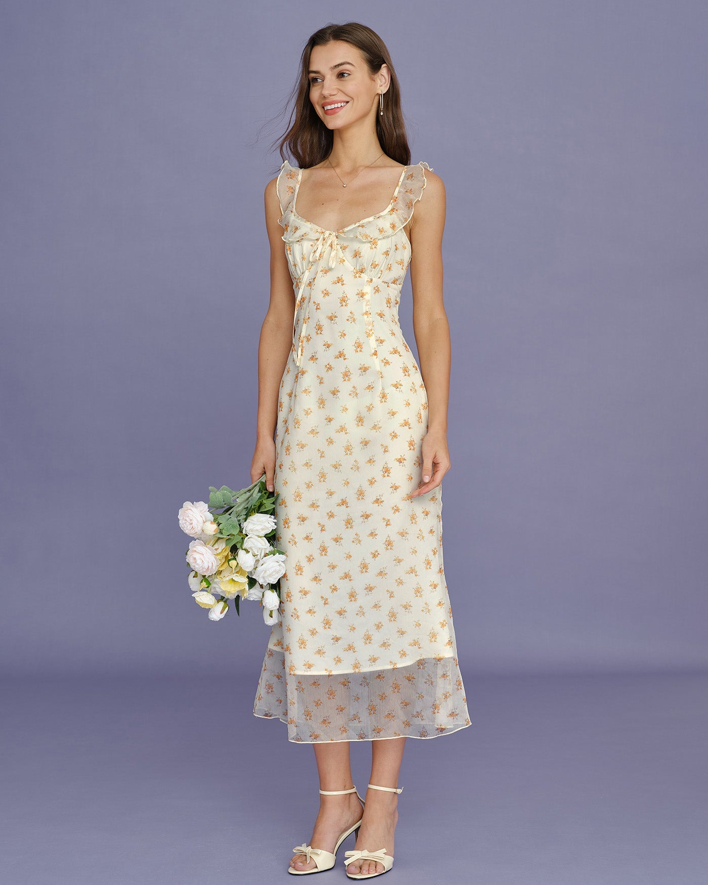 Apricot Floral Ruffle Slip Maxi Dress