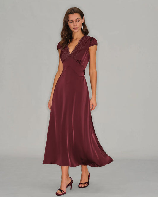 Wine Red V Neck Lace Maxi Dress
