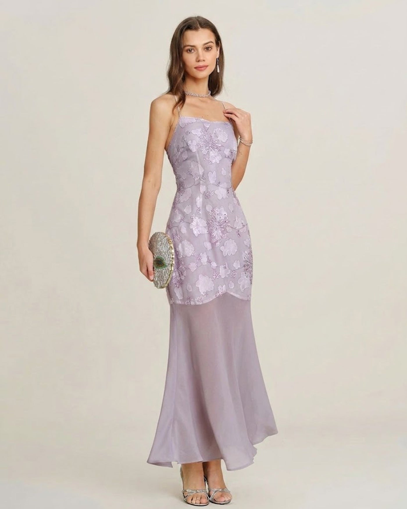 Purple Sequins Jacquard Slip Maxi Dress
