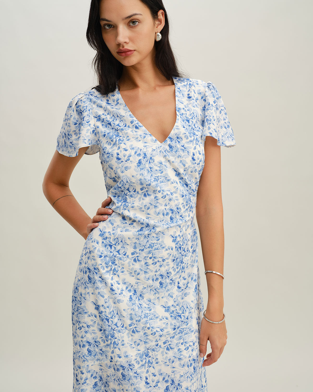 Blue Floral V Neck Button Maxi Dress