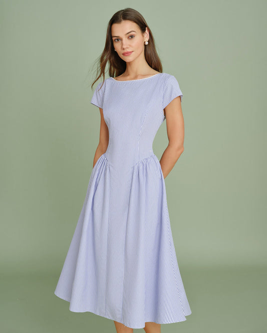 Blue Boat Neck Shirred Midi Dress