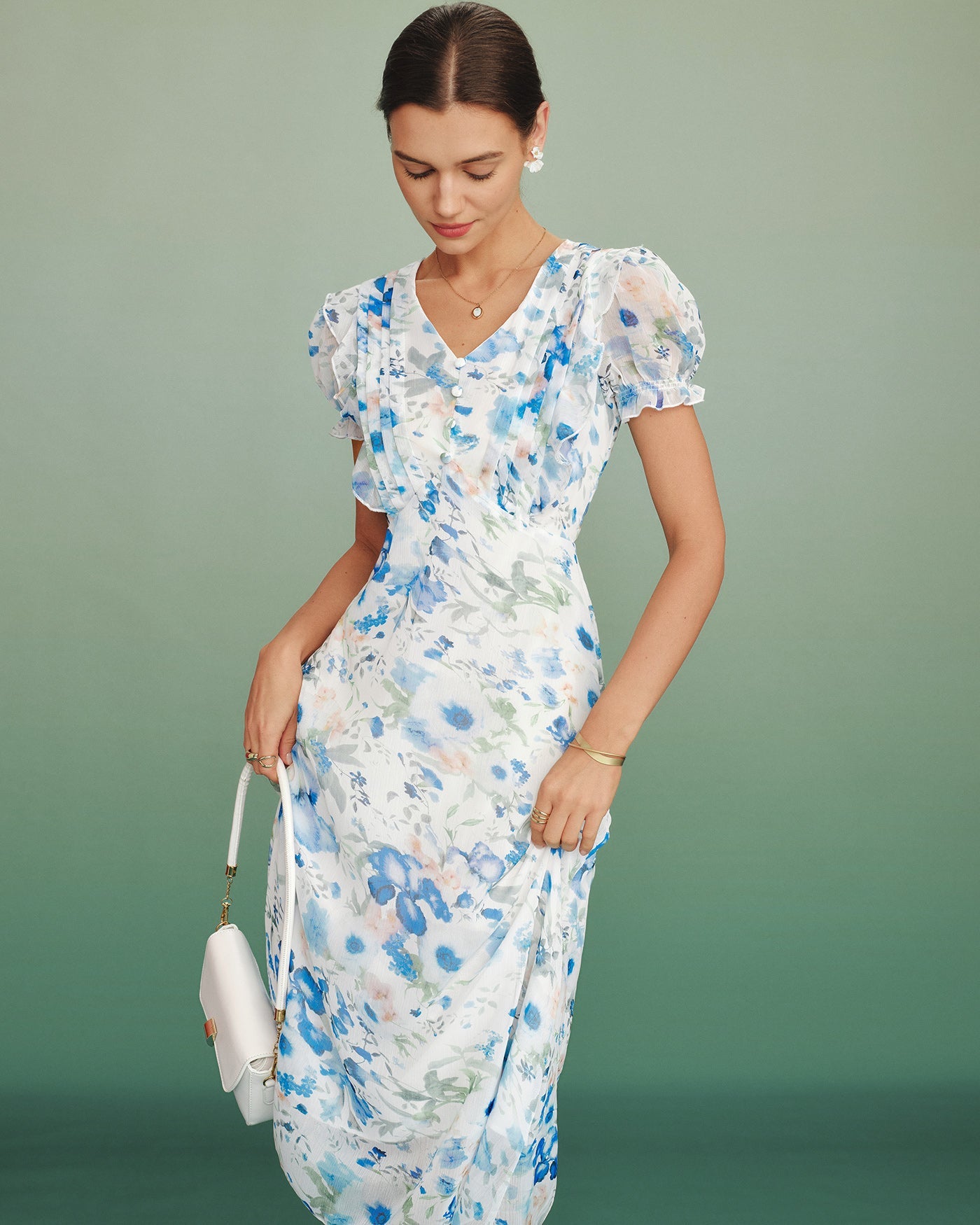 Blue Floral V Neck Shirred Midi Dress