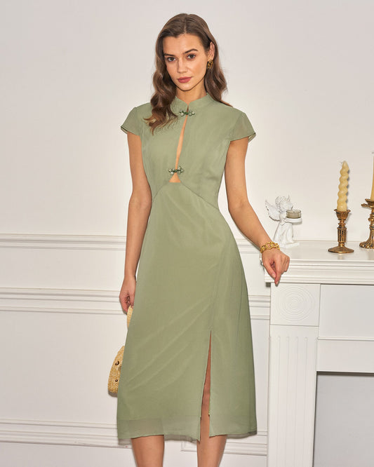 Green Mandarin Collar Chiffon Midi Dress
