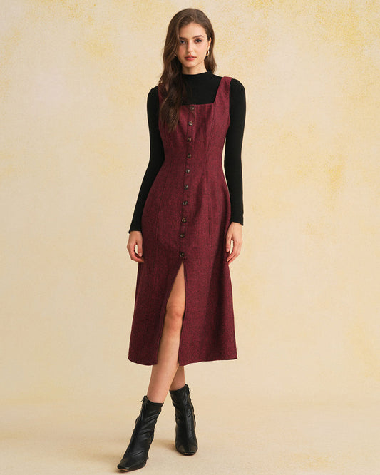 Red Sleeveless Slit Button Midi Dress