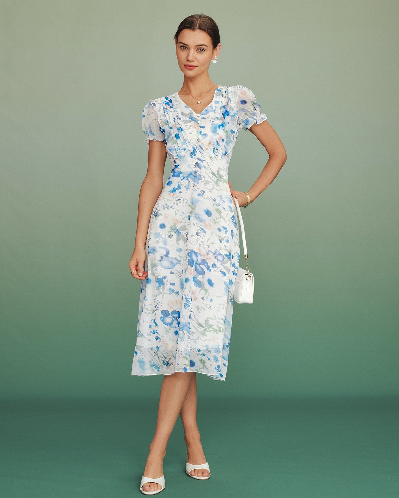 Blue Floral V Neck Shirred Midi Dress
