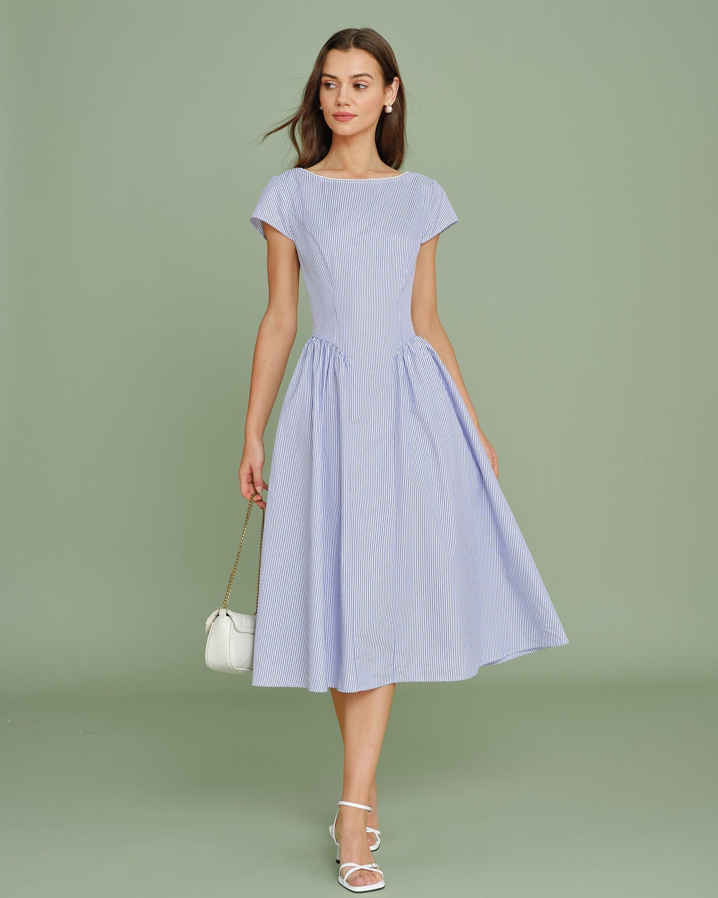 Blue Boat Neck Shirred Midi Dress