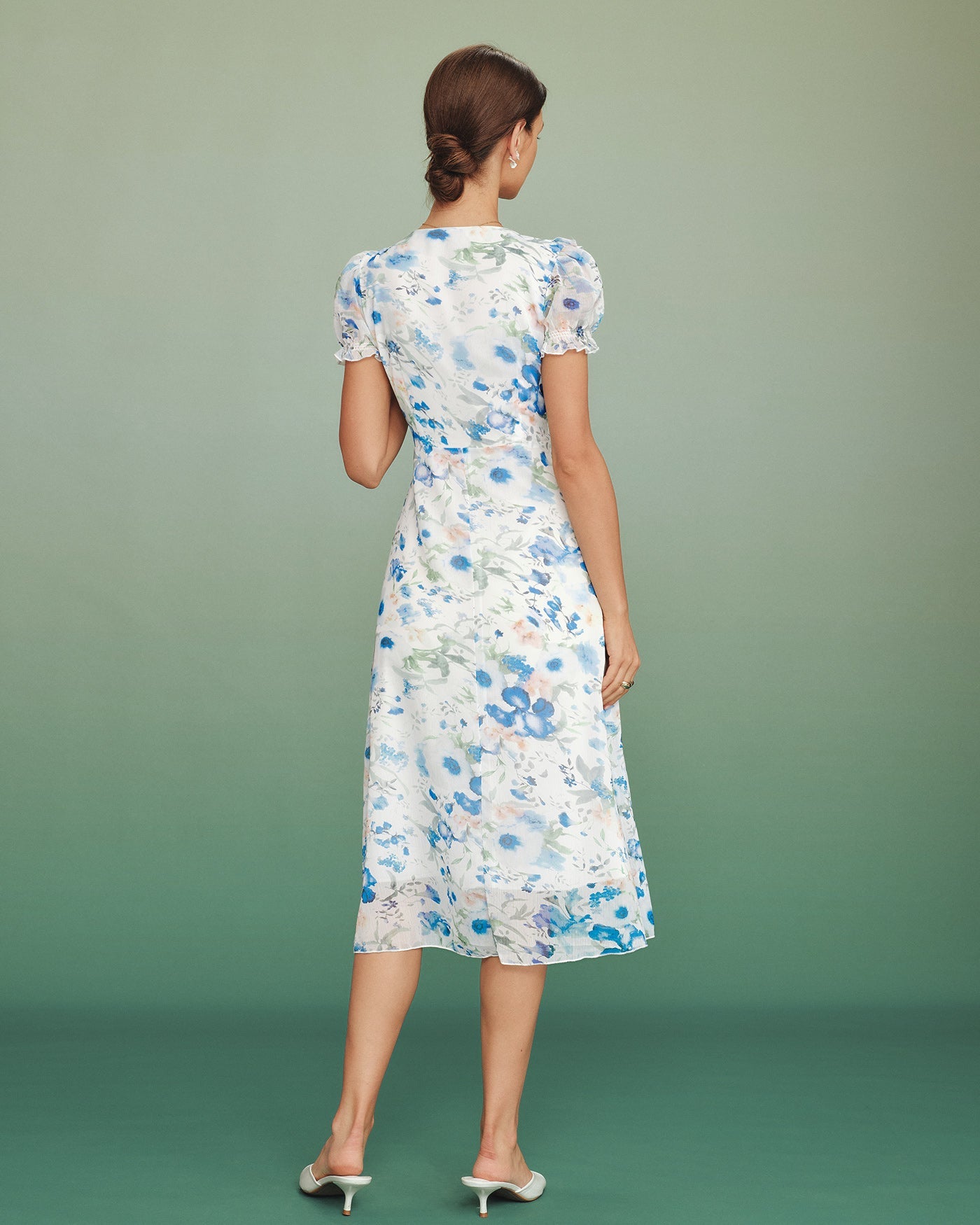 Blue Floral V Neck Shirred Midi Dress