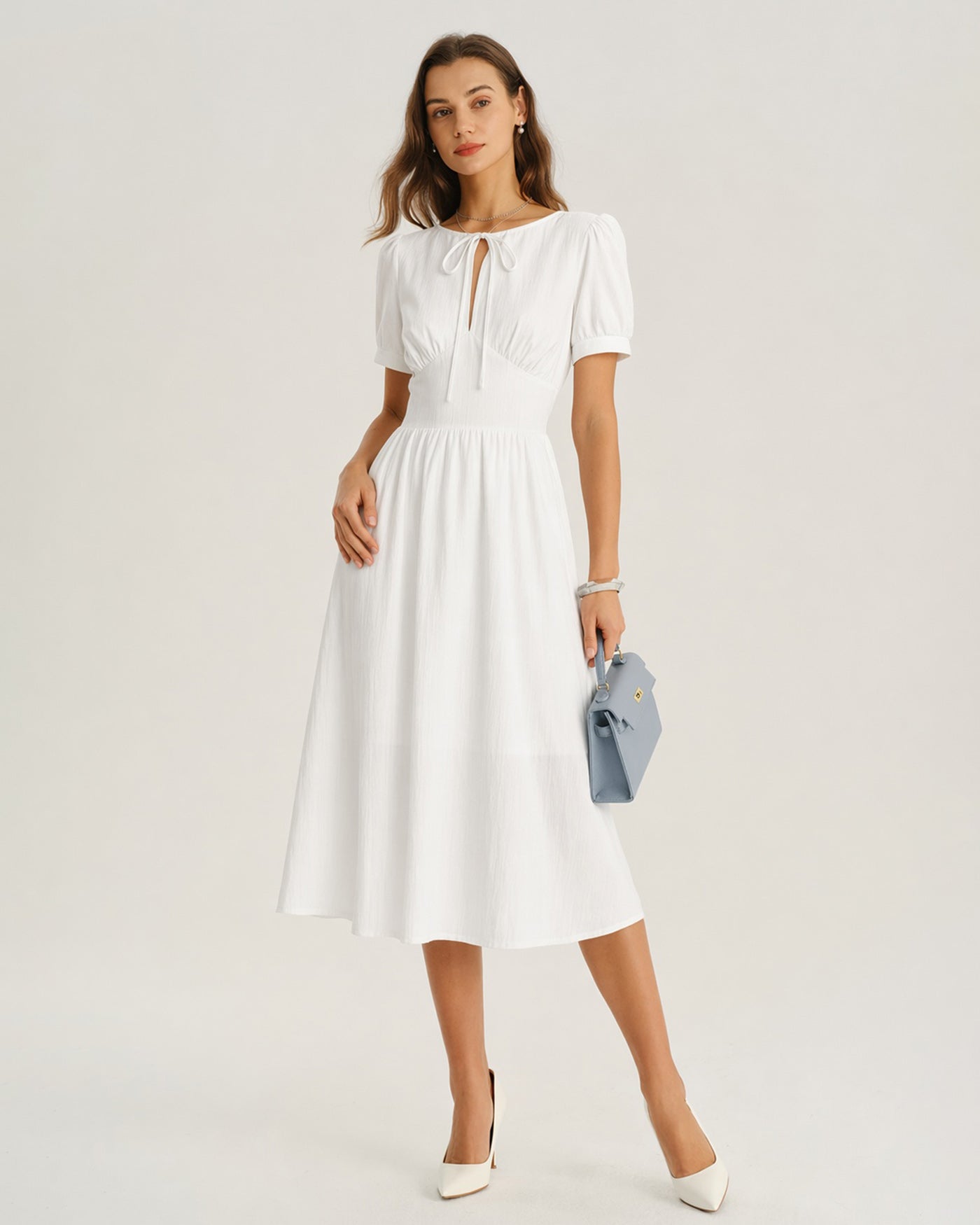 White Puffed Sleeve A-Line Midi Dress