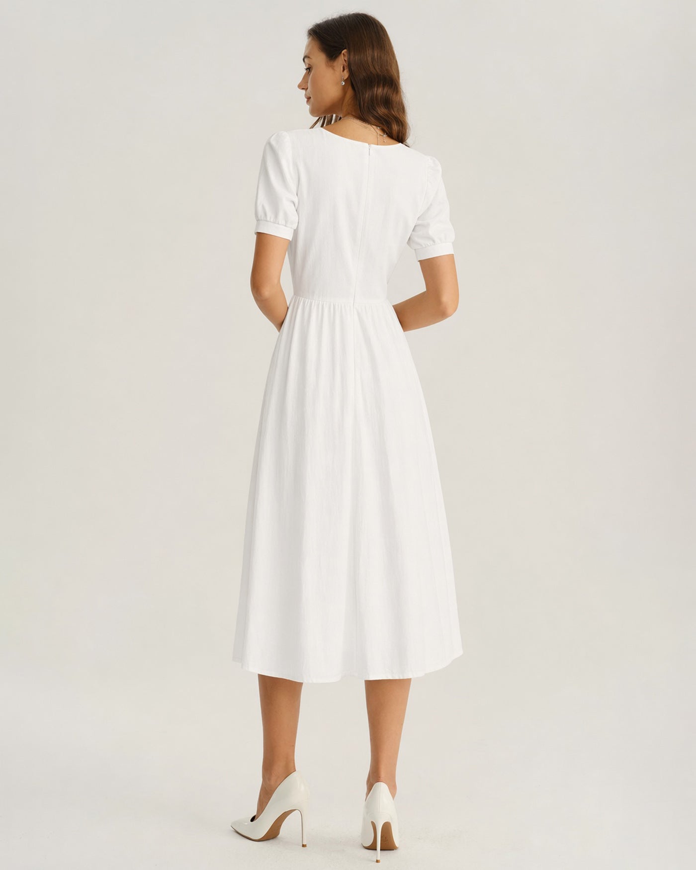 White Puffed Sleeve A-Line Midi Dress