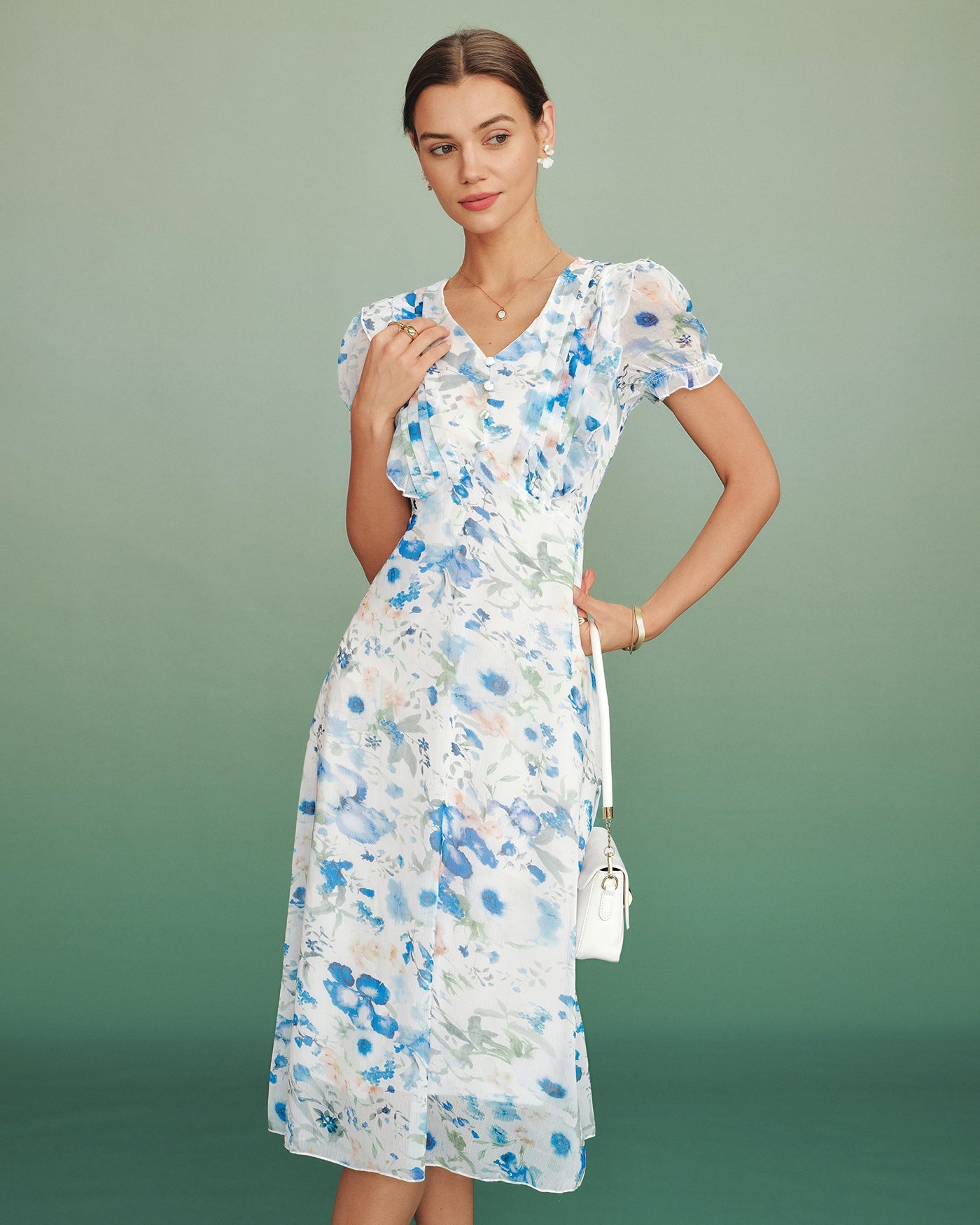 Blue Floral V Neck Shirred Midi Dress