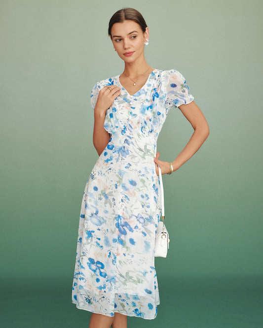 Blue Floral V Neck Shirred Midi Dress