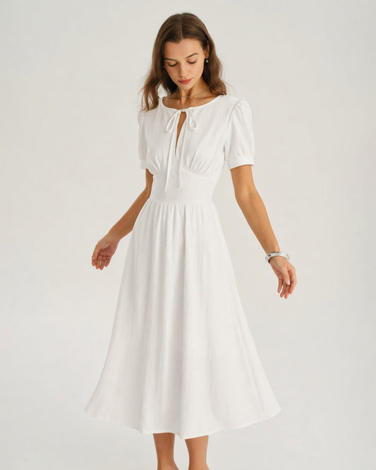 White Puffed Sleeve A-Line Midi Dress