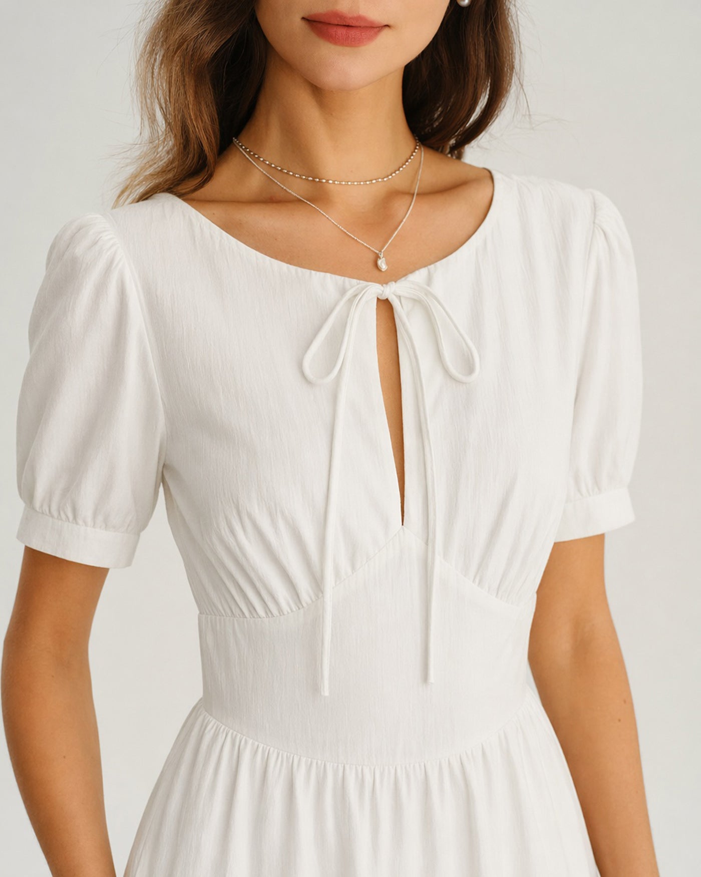 White Puffed Sleeve A-Line Midi Dress