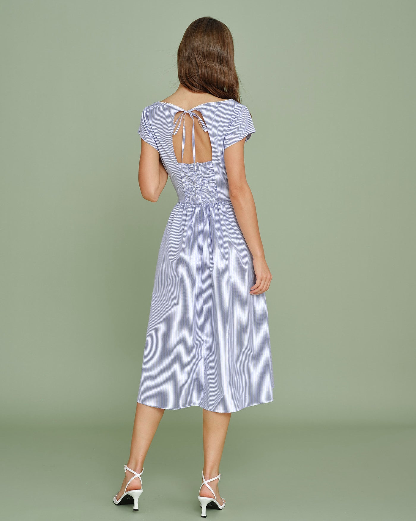 Blue Boat Neck Shirred Midi Dress