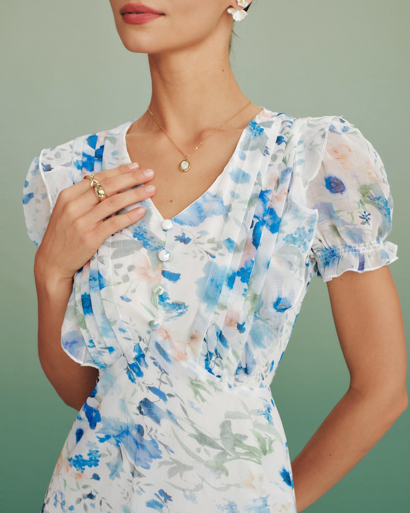 Blue Floral V Neck Shirred Midi Dress