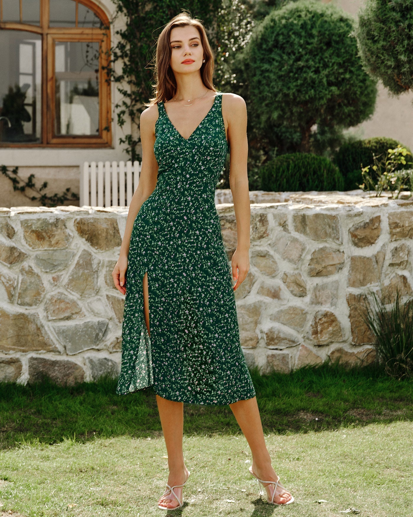 Green V Neck Floral Midi Dress