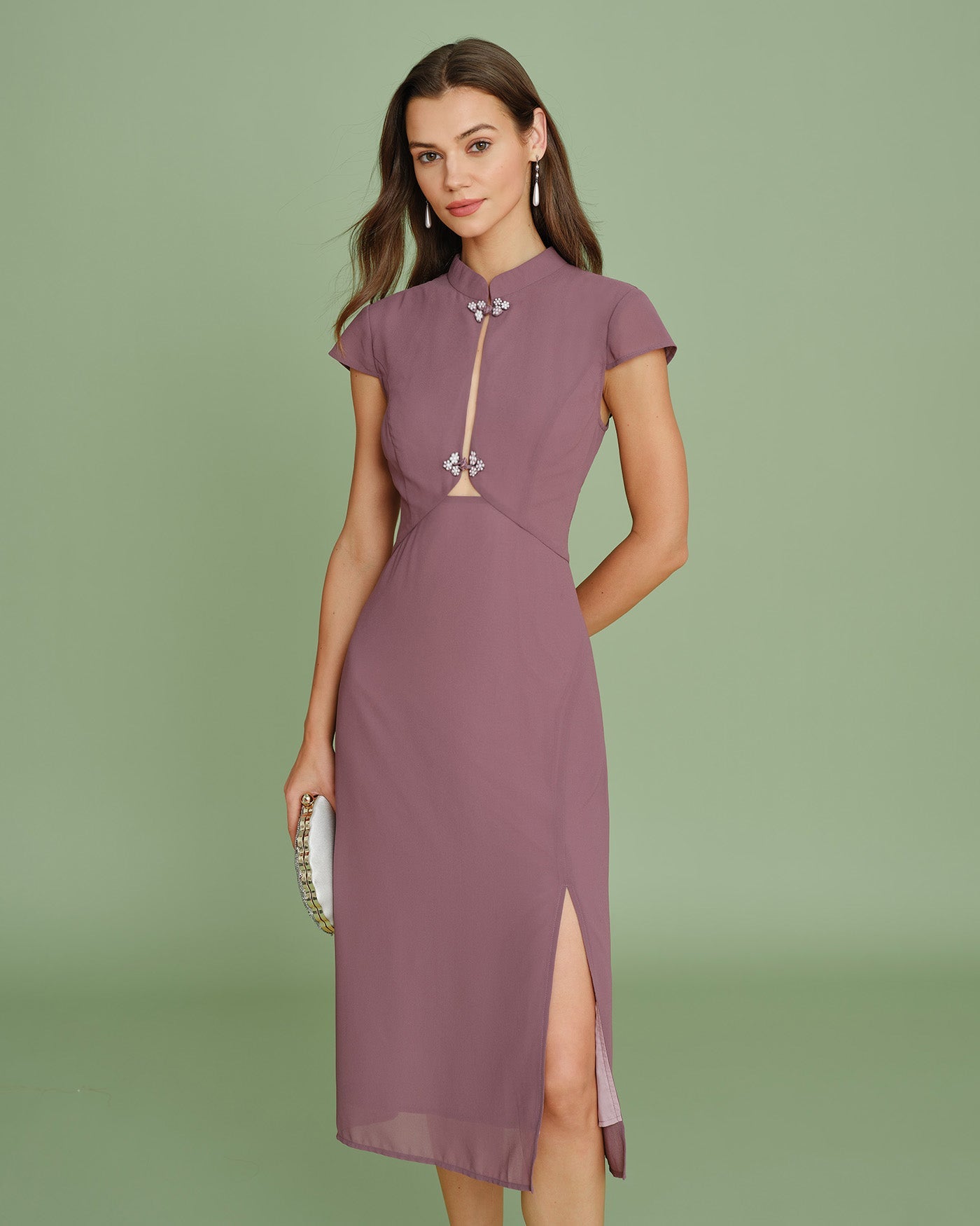 Purple Mandarin Collar Chiffon Midi Dress