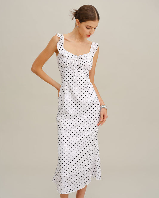 White Polka Dot Ruffle Midi Dress