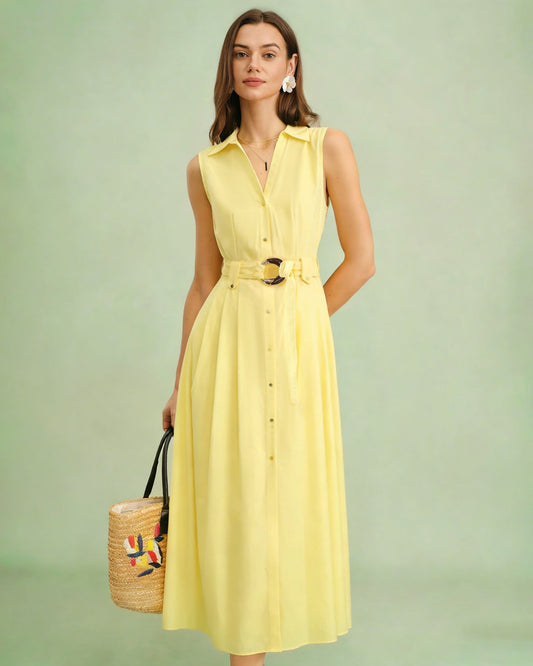 Yellow Collar Belt Button Midi Dress
