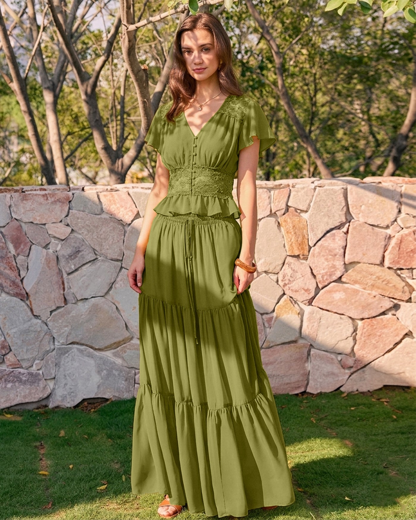 Green Elastic Waist Chiffon Maxi Skirt
