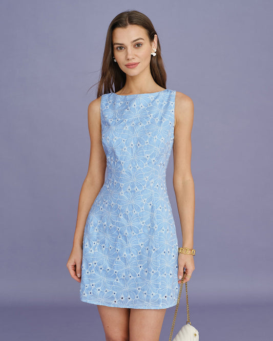 Blue Embroidery Sleeveless Mini Dress