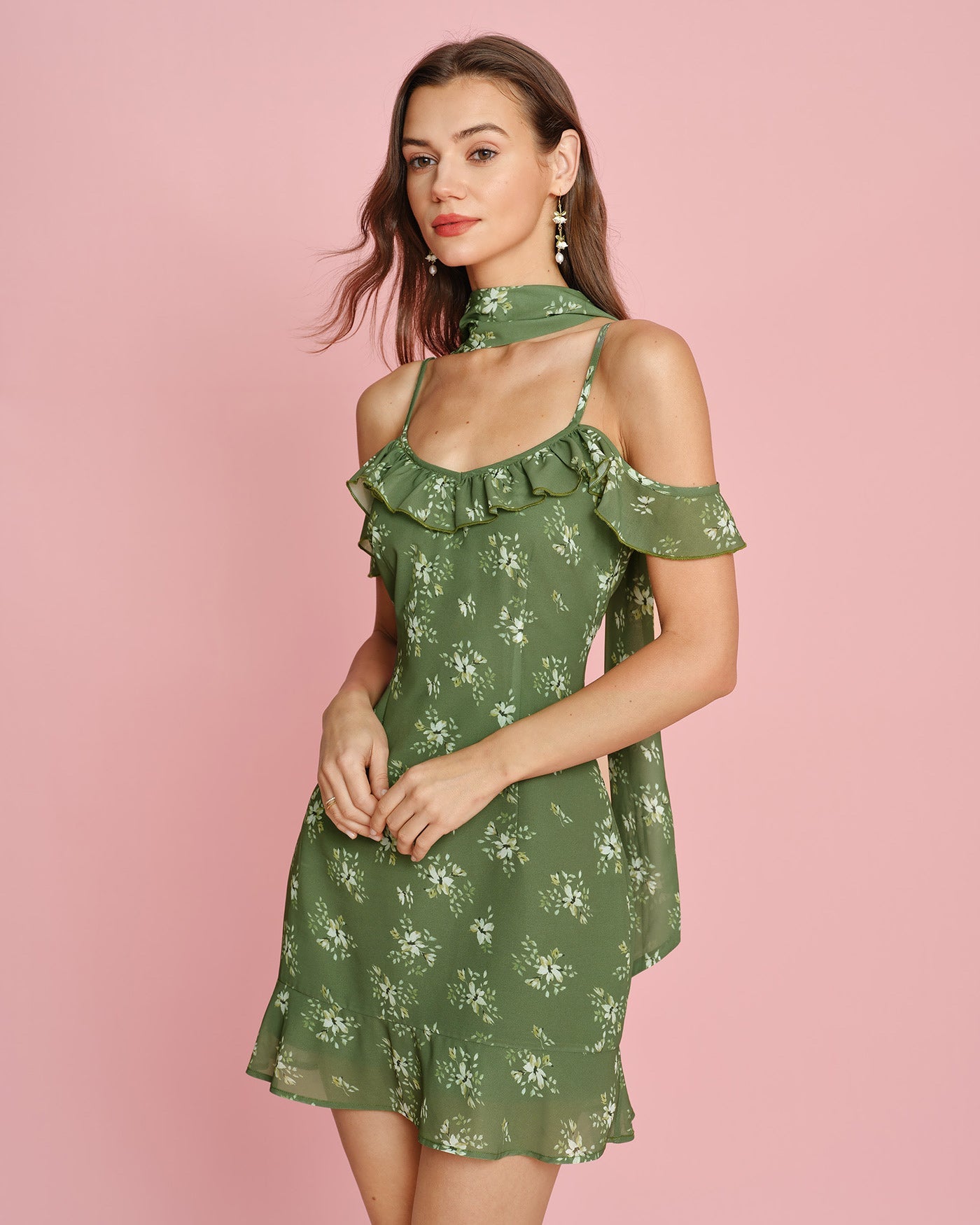 Green Floral Chiffon Slip Mini Dress