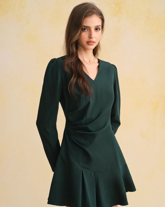 Green Ruched V Neck Mini Dress