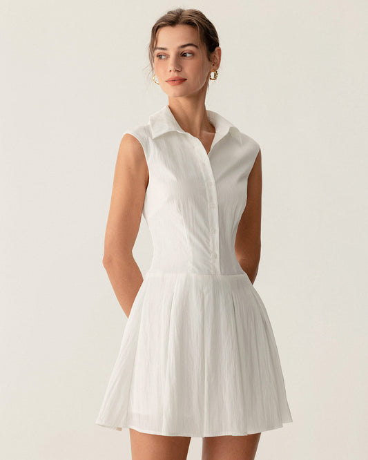 White Button A-Line Sleeveless Mini Dress
