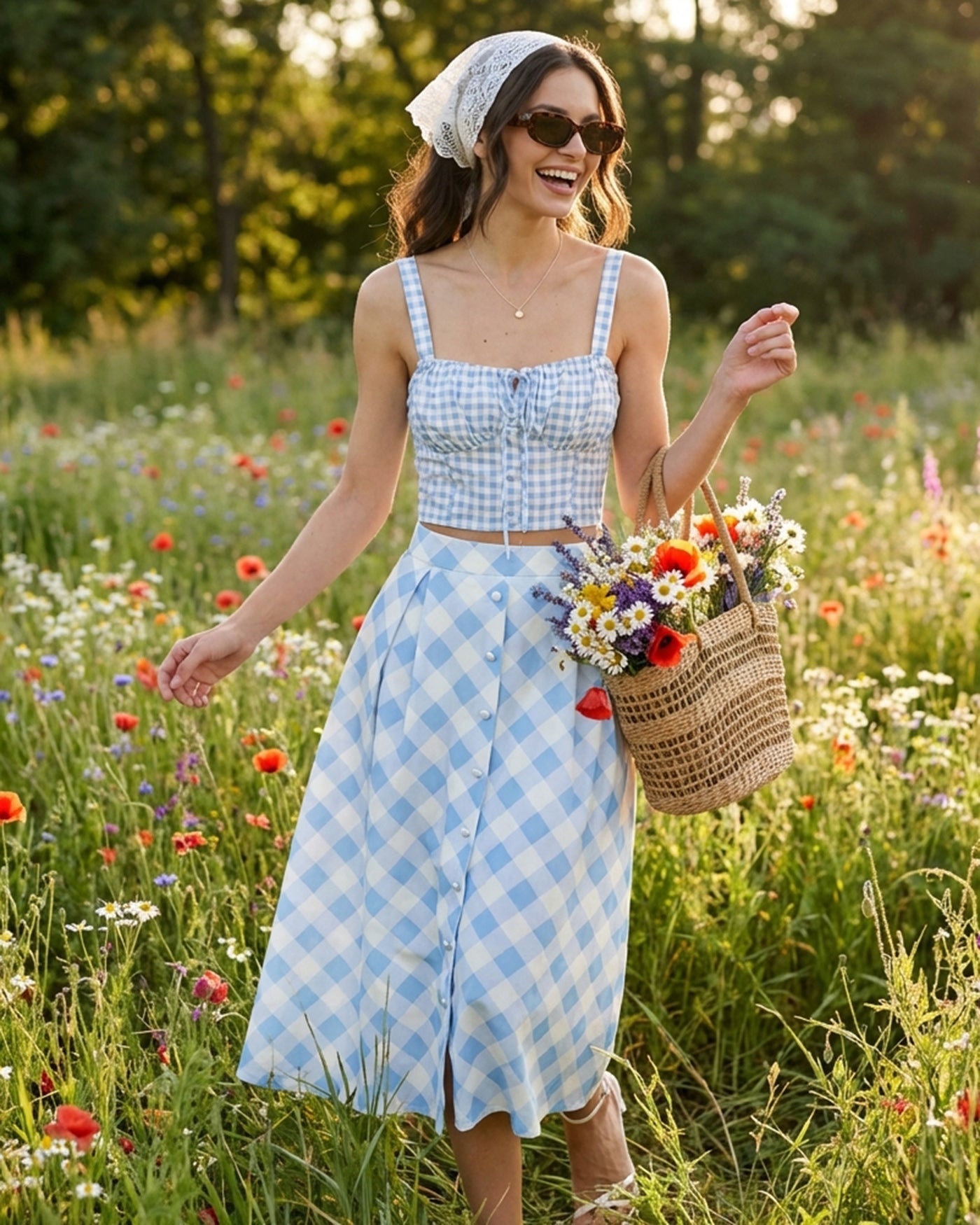 Blue Plaid Button Midi Skirt