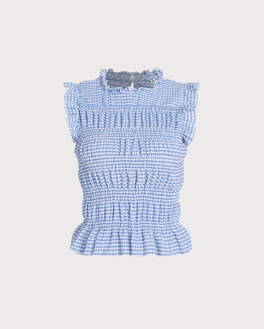 Blue Plaid Shirred Button Tank