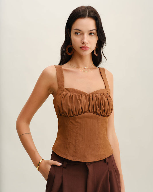 Brown Ruched Shirred Cami Top